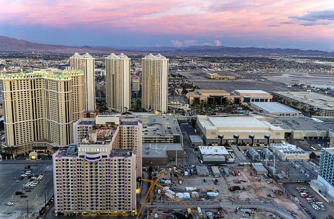 A view looking east from a Dynasty Penthouse at the Waldorf Astoria Las Vegas Wednesday, Feb. 21, 2024. A similar penthouse at the Waldorf Astoria Las Vegas recently sold for $9.5 million.