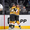 Vegas Golden Knights center Brendan Brisson (19) celebrates with William Karlsson (71) after Karlsson‚Äôs goal during the second period of an NHL hockey game against the Toronto Maple Leafs at T-Mobile Arena Thursday, Feb. 22, 2024.