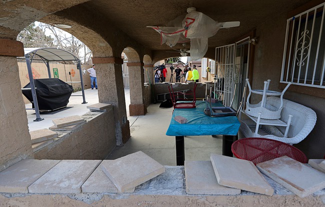 An unfinished back patio is shown during a Nevada State Contractors Board news conference at a home Thursday, Feb. 29, 2024. Homeowner Barbara Ojito hired an unlicensed contractor to do work on her house but the man did shoddy work and never finished the job, she said.