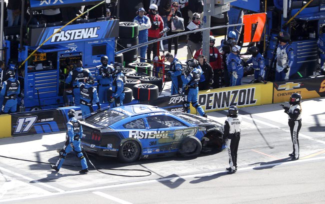 NASCAR Cup Series driver Chris Buescher’s car is shown in the pits after he lost a wheel and hit the wall during a NASCAR Cup Series auto race at the Las Vegas Motor Speedway Sunday, March 3, 2024. STEVE MARCUS