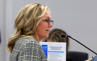 Amber Stidham, chief strategy officer for the Las Vegas Global Economic Alliance, speaks in support of a national search for a new superintendent during a school board meeting at the CCSD Greer Education Center on East Flamingo Road Wednesday, March 6, 2024.