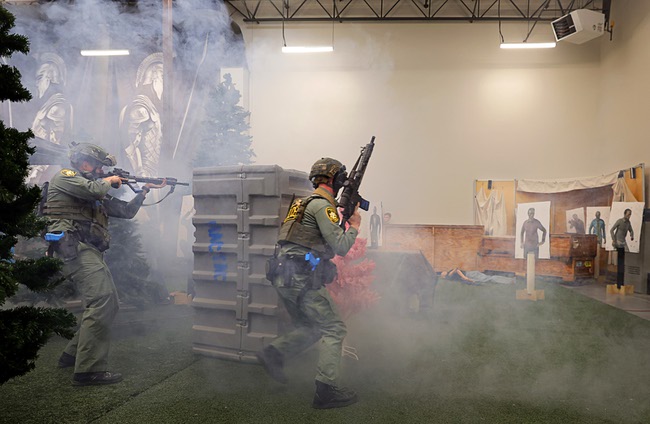 Metro Police instructors John Shevlin, left, and Spencer O’Roarke demonstrate a shooting and first aid training simulation during a news conference at the Joint Emergency Training Institute Wednesday, March 6, 2024.