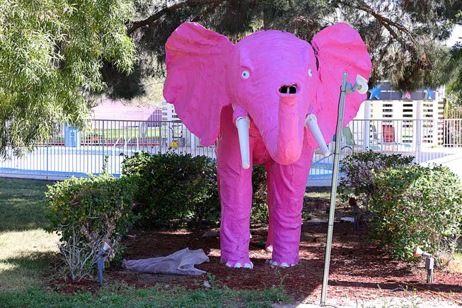 A pink elephant statue is shown at the Diamond Inn Motel on Las Vegas Boulevard South across from Mandalay Bay Thursday, March 12, 2024. A minimum bid of $12.5 million has been set for the 1.36 acre property which includes 237 feet of Las Vegas Strip frontage.