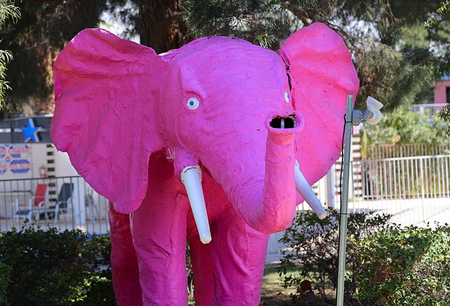 A pink elephant statue is shown at the Diamond Inn Motel on Las Vegas Boulevard South across from Mandalay Bay Thursday, March 12, 2024. A minimum bid of $12.5 million has been set for the 1.36 acre property which includes 237 feet of Las Vegas Strip frontage.