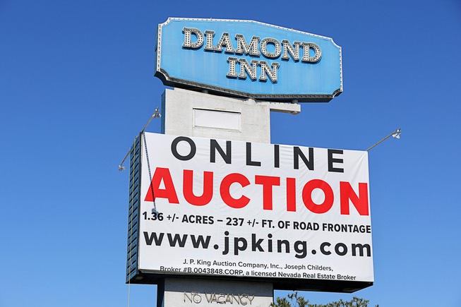 A view of the Diamond Inn Motel sign on Las Vegas Boulevard South across from Mandalay Bay Thursday, March 12, 2024. A minimum bid of $12.5 million has been set for the 1.36 acre property which includes 237 feet of Las Vegas Strip frontage.