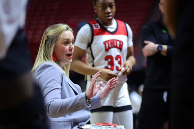UNLV Lady Rebels head coach Lindy La Rocque  talks with players in the second half of an NCAA women’s semifinal game during the Mountain West Championships at the Thomas & Mack Center Tuesday, March 12, 2024.