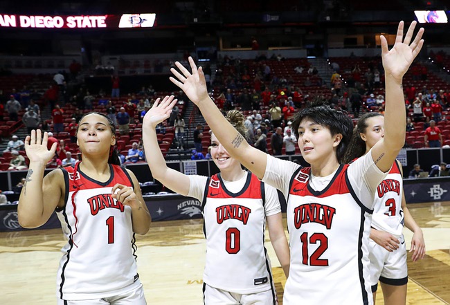 UNLV Lady Rebels wave to fans after their 62-52 win over the Colorado State Rams in an NCAA women’s semifinal game during the Mountain West Championships at the Thomas & Mack Center Tuesday, March 12, 2024. From left: forward Nneka Obiazor (1), guard Ashley Scoggin (0) and guard Alyssa Durazo-Frescas (12).