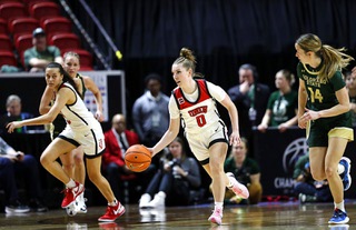 UNLV Lady Rebels guard Ashley Scoggin (0) takes the ball upcourt in the second half of an NCAA women’s semifinal game against the Colorado State Rams during the Mountain West Championships at the Thomas & Mack Center Tuesday, March 12, 2024.