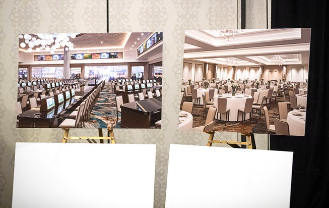 Artist renderings are displayed during a news conference at the Suncoast in Summerlin Tuesday, March 19, 2024. At left is a view of the new bing room. At right is a view of a meeting/convention area. Boyd Gaming announced a multi-year renovation project for the property.