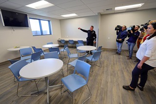 North Las Vegas Police Capt. Mario Perez shows off a breakroom during a tour of the North Las Vegas Police Department’s North Central Command, currently under construction on Deer Springs Way near Revere Street and the northern I-215 Beltway, Wednesday, March 20, 2024. The new command is expected to open next month.