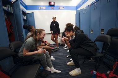 The UNLV Lady Rebels laugh in the locker room at UCLA’s Pauley Pavilion Friday, March 22, 2024, in Los Angeles.
