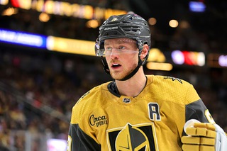 Vegas Golden Knights center Jack Eichel (9) skates against the Columbus Blue Jackets during the second period of an NHL hockey game at T-Mobile Arena Saturday, March 23, 2024.