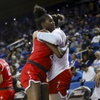 UNLV Lady Rebels center Desi-Rae Young (23) hugs UNLV Lady Rebels center Erica Collins (31) near the end of a first-round college basketball game against the Creighton Bluejays in the women’s NCAA Tournament Saturday, March 23, 2024, in Los Angeles.