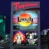 A sign promotes the Laugh Factory at the Tropicana Las Vegas Thursday, March 28, 2024. With the Tropicana closing to make space for a baseball stadium, the Laugh Factory is lopoking for a new home.
