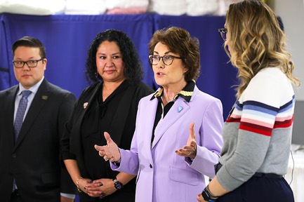 Sen. Jacky Rosen, second right, D-Nev., responds to a question from a reporter after touring the UNLV School of Nursing Clinical Simulation Center Thursday, March 28, 2024. Rosen is promoting her bipartisan Train More Nurses Act that was recently passed by the U.S. Senate. Listening from left are: Dr. Rustin Park, chief of nursing at Desert Winds Hospital, Dr. Imelda Reyes, interim dean of the UNLV School of Nursing, and Dr. Lisa Nicholas, right, simulation education director.