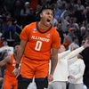 Illinois guard Terrence Shannon Jr. celebrates after a fast break dunk against Iowa State during the second half of the Sweet 16 college basketball game in the men's NCAA Tournament, Friday, March 29, 2024, in Boston.