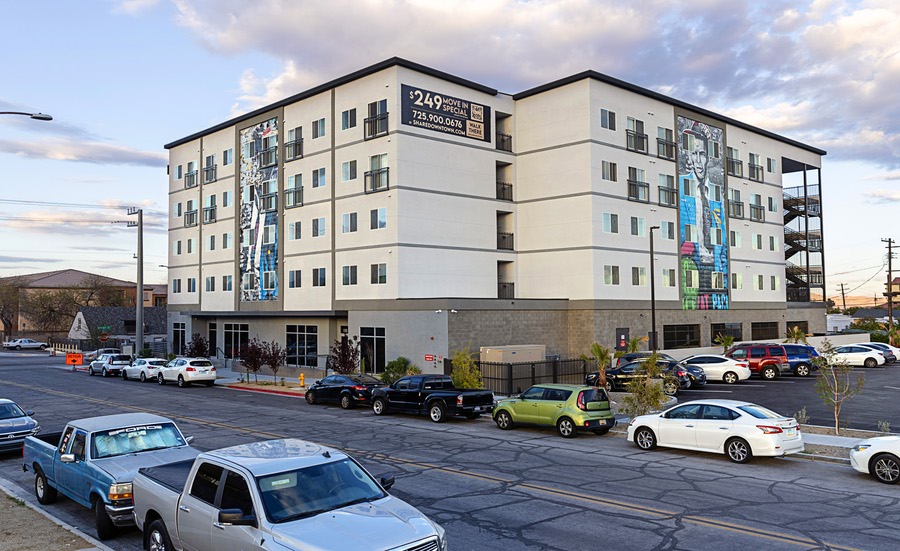 An exterior view of shareDOWNTOWN @ Fremont East, apartments from Cherry Development at Stewart Avenue and 11th Street in downtown Las Vegas, Monday, April 1, 2024.