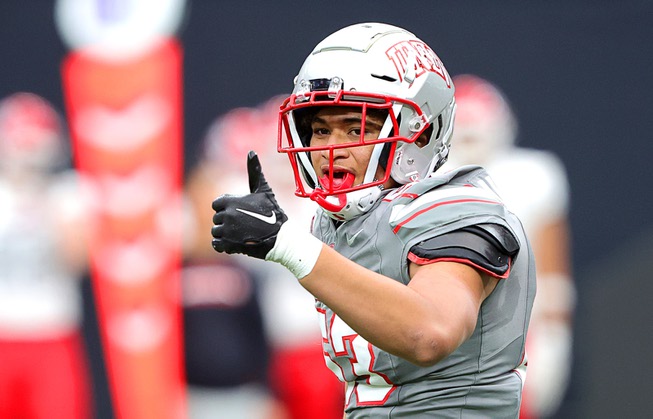UNLV Rebels linebacker Blesyng Alualu-Tuiolemotu (53) gives a thumbs up after a defensive play during the UNLV Football Spring Showcase at Allegiant Stadium Saturday, April 6, 2024.