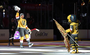 Vegas Golden Knights center Tomas Hertl (48) is honored as a “Star of the Knight” after an NHL hockey game against the Minnesota Wild at T-Mobile Arena Friday, April 12, 2024.