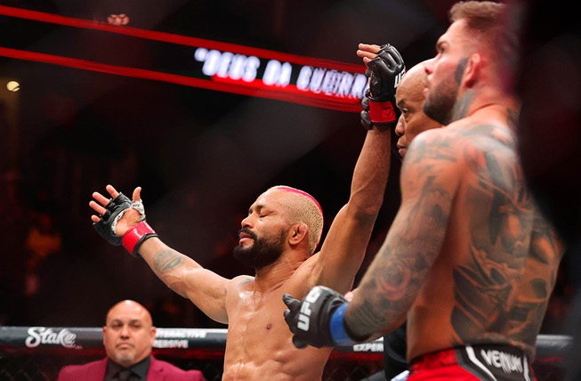 Deiveson Figueiredo is declared the winner over Cody Garbrandt in a bantamweight bout  during UFC 300 at T-Mobile Arena Saturday, April 13, 2024, in Las Vegas. Figueiredo won the bout by submission in the second round.