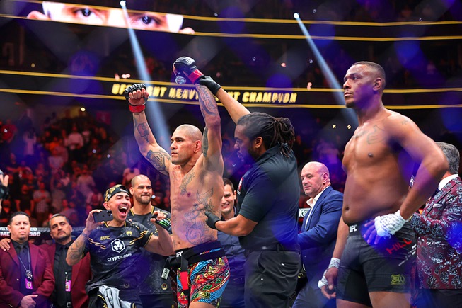 UFC light heavyweight champion Alex Pereira is announced as the winner over Jamahal Hill after their title fight during UFC 300 at T-Mobile Arena Saturday, April 13, 2024, in Las Vegas. Pereira retained his title by first-round TKO.