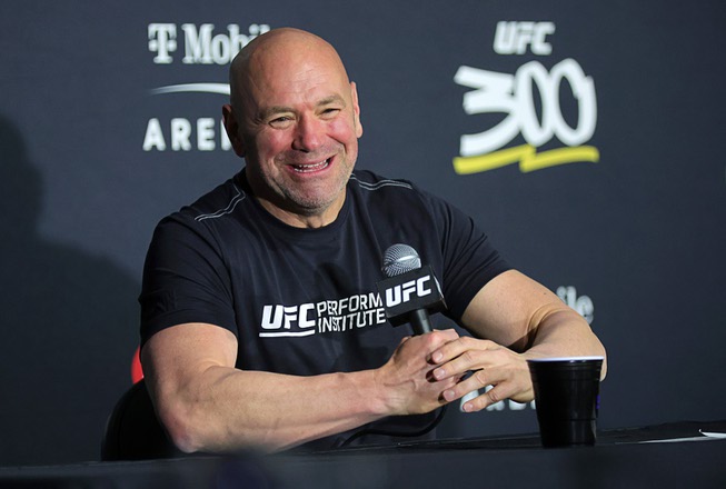 Dana White, CEO and president of UFC, responds to a question during a news conference after UFC 300 at T-Mobile Arena Saturday, April 13, 2024, in Las Vegas.
