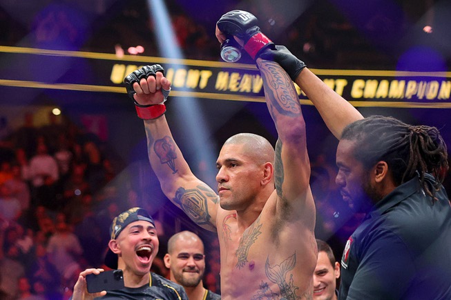 UFC light heavyweight champion Alex Pereira is announced as the winner after a first-round TKO against Jamahal Hill during UFC 300 at T-Mobile Arena Saturday, April 13, 2024, in Las Vegas.