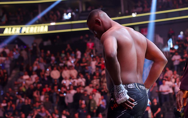 Jamahal Hill leaves the The Octagon after losing a title fight to UFC light heavyweight champion Alex Pereira, during UFC 300 at T-Mobile Arena Saturday, April 13, 2024, in Las Vegas. Pereira retained his title with a first-round TKO.