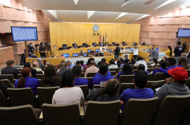 Clark County commissioners listen to public comment during a Clark County meeting on a street vendor ordinance at the Clark County Government Center Tuesday, April 16, 2024.
