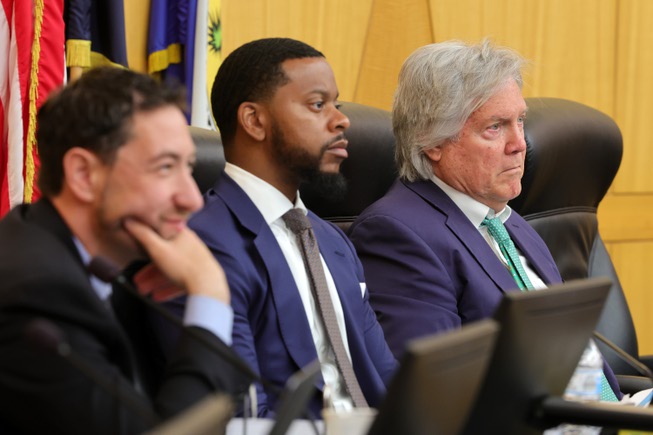 Clark County Commissioners, from left, Michael Naft, William McCurdy II, and Chairman Tick Segerblom listen to public comment during a Clark County meeting on a street vendor ordinance at the Clark County Government Center Tuesday, April 16, 2024.