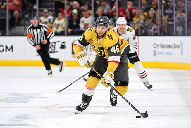 Vegas Golden Knights right wing Jonas Rondbjerg (46) skates against the Chicago Blackhawks during the first period of an NHL hockey game at T-Mobile Arena Tuesday, April 16, 2024.