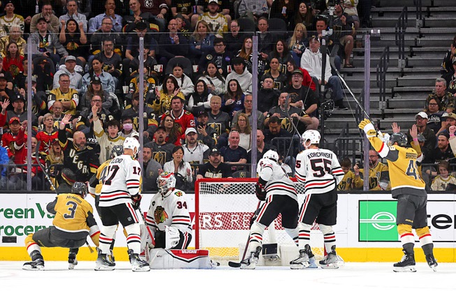 Vegas Golden Knights celebrate a goal by defenseman Brayden McNabb (3) during the second period of an NHL hockey game against the Chicago Blackhawks at T-Mobile Arena Tuesday, April 16, 2024.