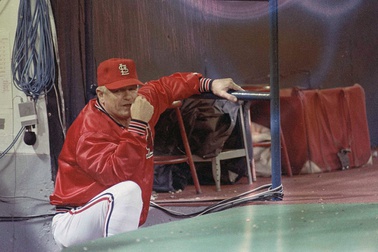 St. Louis Cardinals manager Whitey Herzog watches during Game 7 of the World Series against the Kansas City Royals in Kansas City, Oct. 27, 1985.