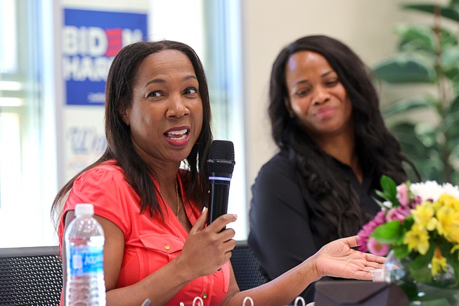 Dr. Marguerite Brathwaite, left, speaks during a Black Maternal Health Panel Discussion at the Doolittle Senior Center Wednesday, April 17, 2024. Shenakwa Hawkins, a nurse practitioner, listans at right. The event was part of Black Maternal Health Week and promoted by the Biden-Harris campaign.