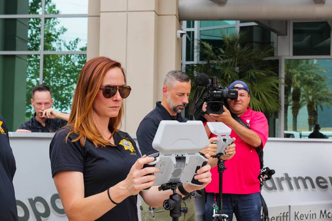 Mary Movius, Civilian Drone Operator, gave members of the media a drone demonstration at the LVMPD Headquarters in Las Vegas, Nevada on Thursday, April 18, 2024.