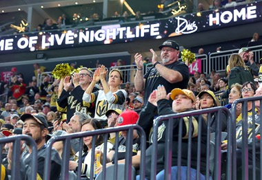 Vegas Golden Knights fans applaud a save by Vegas Golden Knights goaltender Adin Hill (33) during the second period of an NHL hockey game against the Anaheim Ducks at T-Mobile Arena Thursday, April 18, 2024.