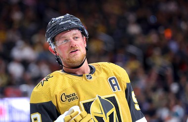 Vegas Golden Knights center Jack Eichel (9) is shown during the second period of an NHL hockey game against the Anaheim Ducks at T-Mobile Arena Thursday, April 18, 2024.