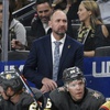 Former Vegas Golden Knights coach, now Dallas Stars coach, Pete DeBoer looks on from the bench against the Carolina Hurricanes during the first period of an NHL hockey game Saturday, Feb. 8, 2020, in Las Vegas. DeBoer is about to become a part of all six of that franchise's postseason appearances, either on their bench or against them. 