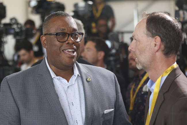 City of Las Vegas councilman and candidate for mayor of Las Vegas Cedric Crear, left, talks with Clark County Commissioner Justing Jones during Brightline West's groundbreaking ceremony Monday, April 22, 2024.