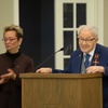 Holocaust survivor Ben Lesser makes a few remarks about Ann Raskin’s documentary, which features Lesser’s harrowing story, during a private screening at King David Memorial Chapel Thursday April 25, 2024.