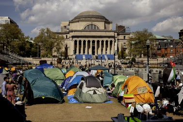 Pro-Palestinian demonstration encampment is seen at the Columbia University, Friday, April 26, 2024, in New York. 