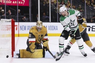 Vegas Golden Knights goaltender Logan Thompson (36) blocks a shot by Dallas Stars center Tyler Seguin (91) during the second period in Game 4 of an NHL hockey Stanley Cup first-round playoff series at T-Mobile arena Monday, April 29, 2024.