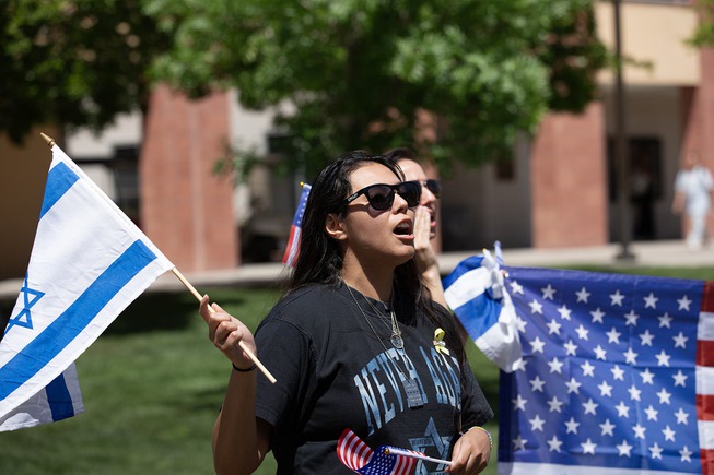 Pro Israeli supporter Veronica Gelfman demonstrates during a pro Palestine rally on UNLV’s campus Wed. May 1, 2024.