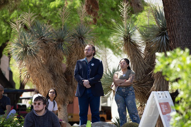 ACLU of Nevada staff members Jacob Smith and Kaylah Maese watch as pro Palestine supporters demonstrate on UNLV’s campus Wed. May 1, 2024.