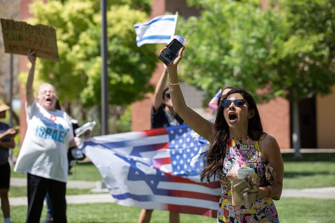 Israeli supporter Maria Peniazek demonstrates during a pro Palestine rally on UNLV’s campus Wed. May 1, 2024.