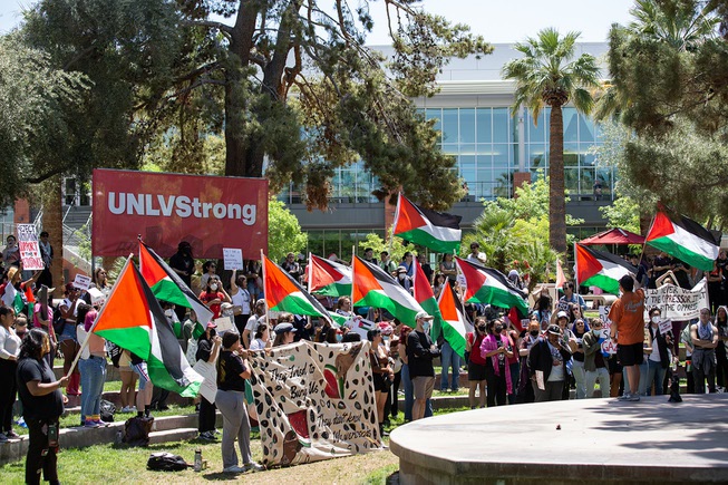 Pro Palestine supporters demonstrate on UNLV’s campus, near the student union Wed. May 1, 2024.