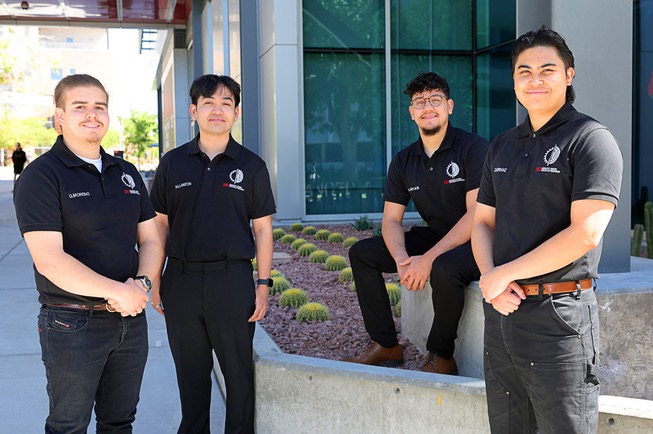UNLV mechanical engineering students, from left, Gustavo Moreno, Rafael Joseph Llamzon, Adrian Rivas and Carlos Miguel Herranz, pose in front of UNLV’s Advanced Engineering Building Wednesday, May 8, 2024. The team’s project, “Development of a Magnetic Coupler and Gear Drive,” won the grand prize and sustainability prize at the biannual Senior Design Competition.