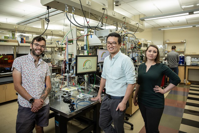 From left, professors Andrew Martin, geochemistry, Jeremy Cho, mechanical engineering, and Marie-Odile Fortier, civil and environmental engineering and constriction, pose for a photo in the science and engineering lab at UNLV Tuesday May 8, 2024.
