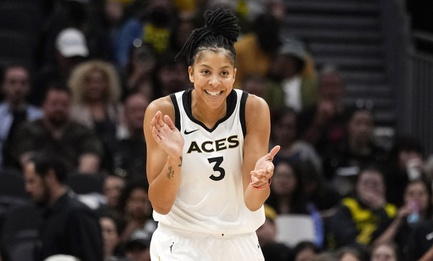 Las Vegas Aces forward Candace Parker reacts during the first half of a WNBA basketball game against the Seattle Storm, May 20, 2023, in Seattle. 