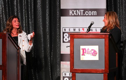 Candidates for City of Las Vegas mayor, Shelley Berkley, left, and Victoria Seaman, talk in a break during a debate sponsored by KXNT News Talk 840 AM at the Plaza in downtown Las Vegas Thursday, May 9, 2024.
